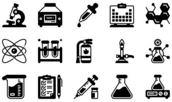 set di icone vettoriali relative al laboratorio di chimica. contiene icone come microscopio, centrifuga, contagocce, molecolare, atomo, becher e altro ancora.