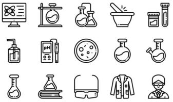 set di icone vettoriali relative al laboratorio di chimica. contiene icone come provetta, chimica, campione di urina, phmetro, fiaschetta, camice da laboratorio e altro ancora.