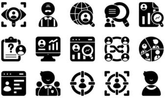 set di icone vettoriali relative alla ricerca di mercato. contiene icone come osservazione, sondaggio online, qualitativo, quantitativo, ricerca, segmentazione e altro ancora.