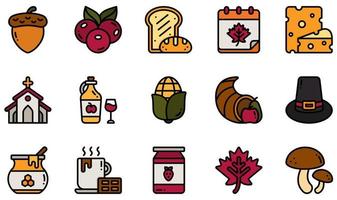 set di icone vettoriali relative al ringraziamento. contiene icone come ghiande, bacche, formaggio, chiesa, cornucopia, miele e altro ancora.