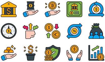 set di icone vettoriali relative agli investimenti. contiene icone come banche, barile, bitcoin, obbligazioni, flusso di cassa, orologio e altro ancora.
