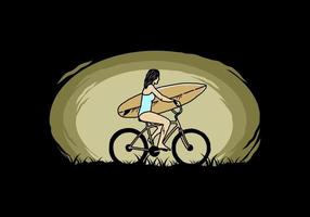 illustrazione di una donna che va a fare surf in bicicletta vettore