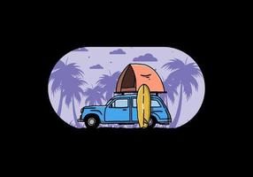 illustrazione di un'auto con una tenda sul tetto e una tavola da surf sul lato vettore