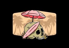 illustrazione del cranio con tavola da surf sotto l'ombrellone vettore