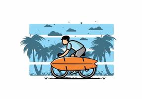 andare in bicicletta con un'illustrazione di una tavola da surf vettore