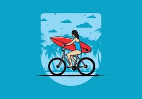 illustrazione di una donna che va a fare surf in bicicletta vettore