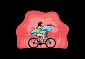 illustrazione di una donna che va a fare surf in bicicletta vettore