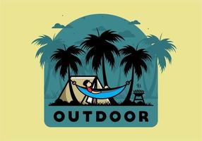 tenda e amaca con illustrazione di alberi di cocco vettore