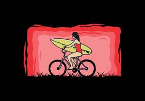 illustrazione di una donna che va a fare surf in bicicletta vettore