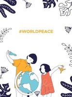 manifesto della pace nel mondo. 21 settembre, giornata internazionale della pace. i bambini giocano con gli aeroplani vicino al globo. grafica vettoriale piatta su sfondo bianco con piante.