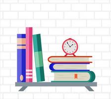 mensola a muro con pila di libri e sveglia in uno stile piatto, illustrazione vettoriale, concetto di educazione, scuola e lettura vettore