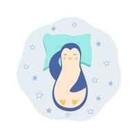 un pinguino cartone animato dorme su un cuscino. divertente simpatico personaggio pinguino addormentato per il concetto di bambini. illustrazione vettoriale