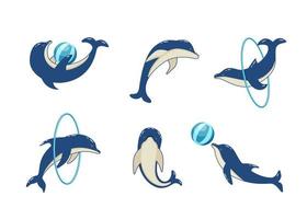 set di delfini cartoni animati in diverse pose, illustrazione vettoriale di animali marini. delfini dipinti nuotano e giocatori nel delfinario
