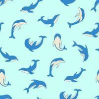 set di motivi senza cuciture di delfini cartoni animati in diverse pose, illustrazione vettoriale di animali marini. i delfini dipinti nuotano