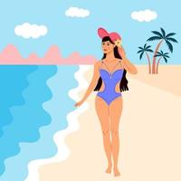 bella ragazza in costume da bagno e un cappello che cammina sulla spiaggia. vacanze estive, paesaggio marino, stile di vita sano, relax in spiaggia. illustrazione vettoriale. vettore