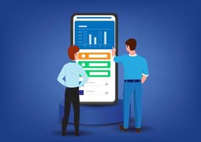uomini d'affari si consultano indicando smartphone con grafici azionari visualizzati. illustrazione vettoriale