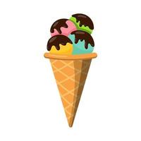 illustrazione di un cono di cialda di gelato versato con cioccolato. vettore isolato su uno sfondo bianco.