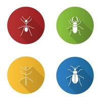 insetti design piatto lunga ombra glifo set di icone. formica, cervo volante, cimice, fasmide. illustrazione della siluetta di vettore