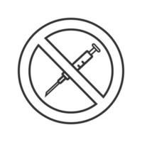segno proibito con icona lineare della siringa. illustrazione al tratto sottile. nessun divieto di droga. simbolo di arresto del contorno. disegno di contorno isolato vettoriale