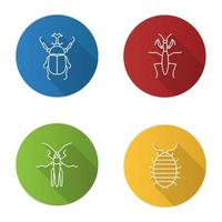 insetti piatte lineare lunga ombra set di icone. scarabeo ercole, mantide, cavalletta, pidocchio. illustrazione del contorno vettoriale