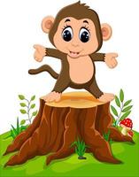 scimmia felice del fumetto che balla sul ceppo di albero vettore