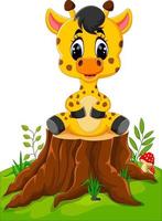 giraffa del bambino sveglio che si siede sul ceppo di albero vettore
