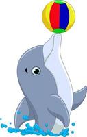 cartone animato felice delfino che gioca a palla vettore