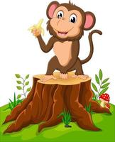 scimmia divertente del fumetto che tiene banana sul ceppo di albero vettore