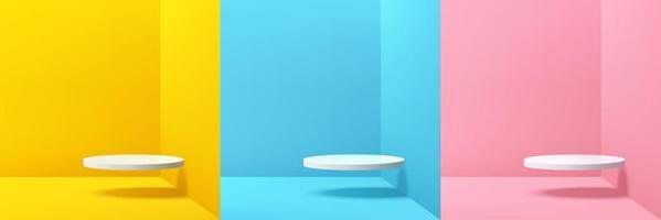 set di podio con piedistallo cilindrico bianco 3d realistico in stanze astratte colorate d'angolo. scena minimal pastello gialla, blu e rosa. forme geometriche di rendering vettoriale. palcoscenico per vetrina, esposizione prodotti. vettore