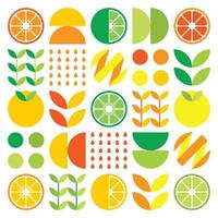 opera d'arte astratta dell'icona di simbolo di frutta arancione. semplice arte vettoriale, illustrazione geometrica di agrumi colorati, limoni, limonata, lime e foglie. design piatto di agrumi minimalista su sfondo bianco. vettore