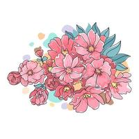 illustrazione vettoriale di fiori progettata con colori vivaci in stile doodle su sfondo bianco per carte, sfondi, cartoline, poster, regali, decorazioni a tema primaverile e altro ancora