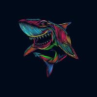 la linea dello squalo pop art potrait design del logo colorato con sfondo scuro vettore