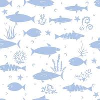 stampa divertente blu con pesci, stelle e alghe. stampa per tessuto e carta da imballaggio. vettore