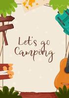 una bella cartolina per un invito al campeggio estivo, all'escursionismo, al viaggio, alle attività ricreative all'aperto. illustrazione vettoriale piatta per poster, banner, volantini.