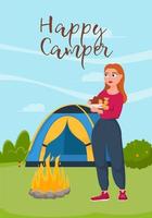 giovane donna porta legna per un fuoco. campeggio estivo, escursionismo, camper, concetto di tempo di avventura. illustrazione vettoriale piatta per poster, banner, volantini