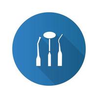 icona del glifo con ombra lunga design piatto strumenti dentali. specchio della bocca, sonda dentale e escavatore del dentista. illustrazione della siluetta di vettore
