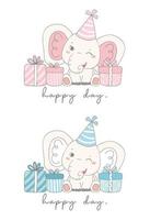 carino bambino blu ragazzo e rosa ragazza elefante seduto con scatole presenti, cartone animato vivaio doodle animale fauna illustrazione vettore