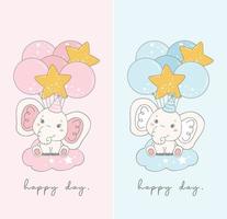 carino baby blue boy e rosa ragazza elefante seduto sulla nuvola con palloncini, cartone animato vivaio doodle animale fauna illustrazione vettore