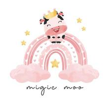 ragazza carina mucca rosa bambino appesa su arcobaleno rosa disegnato a mano cartone animato acquerello fattoria carattere animale illustrazione vettore