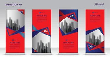 modello vettoriale banner roll up viola, banner roll up moderno per tendenze pubblicitarie espositive, stand, poster, design piatto brochure, presentazione, display, x-banner, bandiera-banner. vettore di riserva.