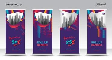 modello vettoriale banner roll up viola, banner roll up moderno per tendenze pubblicitarie espositive, stand, poster, design piatto brochure, presentazione, display, x-banner, bandiera-banner. vettore di riserva.