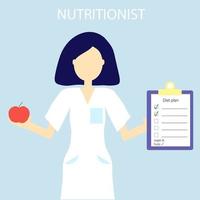 illustrazione vettoriale di una nutrizionista dottoressa, illustrazione a colori molto peri. piano di stile di vita sano.