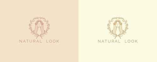 bellezza viso donna. cosmetici, spa, yoga, cura della pelle, illustrazione vettoriale moderna piatta. logo in stile minimal e modello di progettazione vettoriale di branding. design del logo dall'aspetto naturale