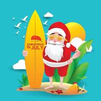 natale a giugno, luglio, agosto, per poster, marketing, pubblicità, saldi estivi, biglietto di auguri. santa in estate con copia spazio per il testo vettore