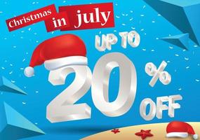 la più grande vendita di natale a luglio, poster o modello di banner, con cappello da Babbo Natale e offerte di sconto del 20% in 3D. vettore