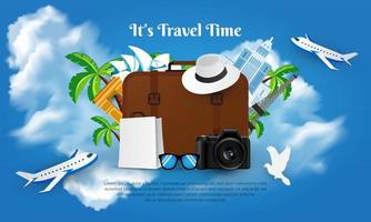 è un design del tempo di viaggio con illustrazione vettoriale di cielo blu, aereo, cappello e bagagli. sfondo della giornata mondiale del turismo