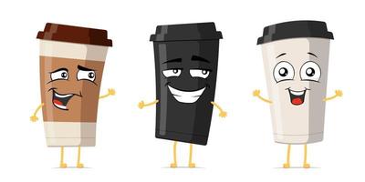 set di personaggi dei cartoni animati sorridenti divertenti della tazza di caffè usa e getta. take away drink collezione di mascotte di espressione faccia felice carina. diverse tazze per bevande gioiose emoticon comiche illustrazione eps vettoriale