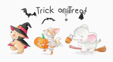 dolcetto o scherzetto con simpatici animali nell'illustrazione del costume di halloween vettore