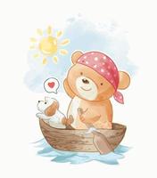 simpatico cartone animato orso a vela su barca di legno illustrazione vettoriale