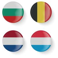 bandiere rotonde di bulgaria, belgio, paesi bassi, lussemburgo. bottoni a spillo. vettore
